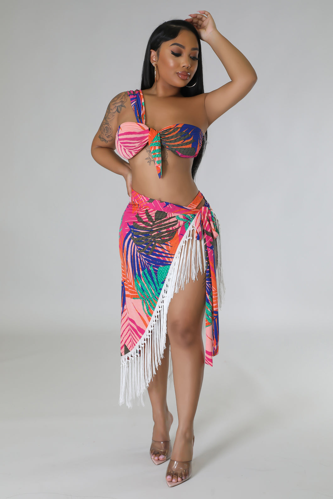 pink and orange tropical swimsuit and coverup