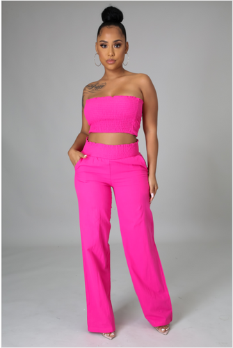 hot pink tube top and linen pant set