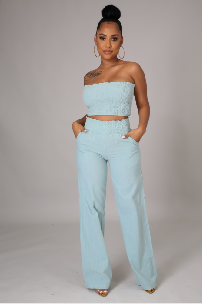 green tube top and linen pants set